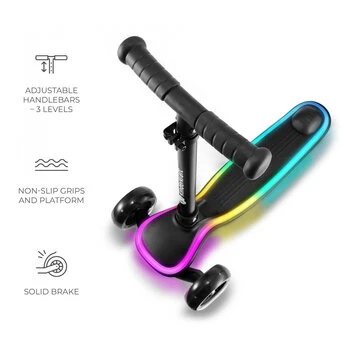 Trotineta pentru copii Kinderkraft Raket Black pliabila, platforma si roti LED, ghidon reglabil, greutate admisa 50 kg